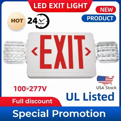 #ad Red LED Exit Sign Emergency Light Combo Adjustable Heads White Housing NEW $49.01