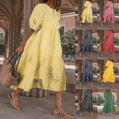 #ad Women Boho Floral Maxi Dress Plus Size Smock Sundress Summer Loose Baggy Kaftan $20.69