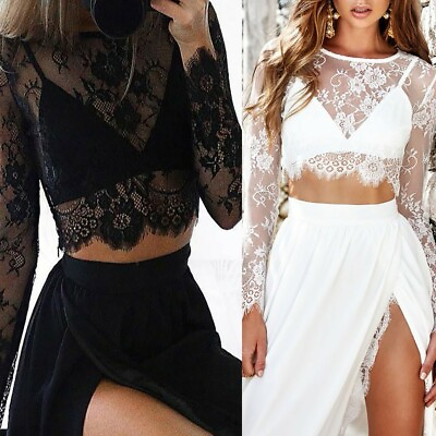 #ad Women Crop Tops Splicing Mesh Perspective Long Sleeve Sexy Lace Foral T Shirts $11.02