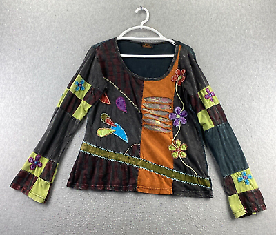 #ad Rising International Top Shirt XL Boho Patchwork Embroidery Long Sleeve Pullover $28.95