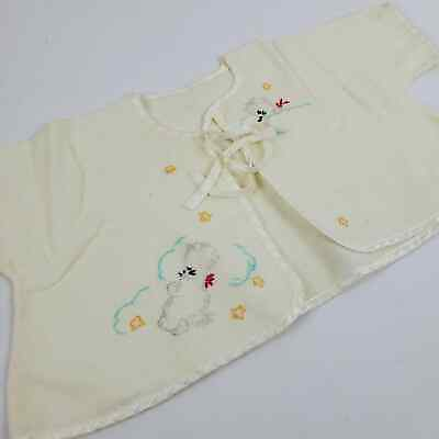 #ad Vintage Hand Embroidery Baby Shirt Kitty Cats Yellow $8.50