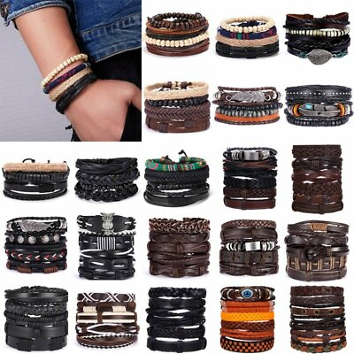 #ad 6Pcs Set Multilayer Leather Bracelet Men#x27;s Women Wristband Bangle Jewelry Set C $3.13