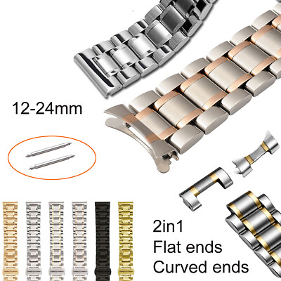 #ad Flat Curved Ends Metal Link Bracelet Watch Band 12 22 24mm Stainless Steel Strap $19.60
