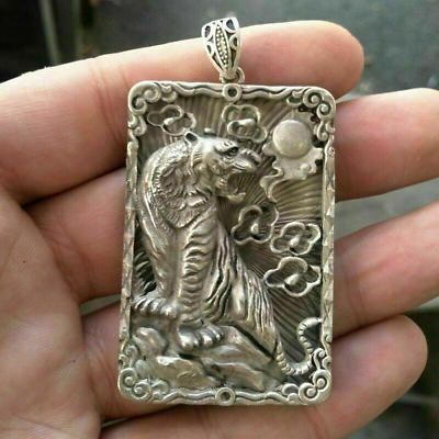 #ad Old China Tibet Silver Handmade Force Tiger Statue Amulet Necklace Pendant Gift $10.07