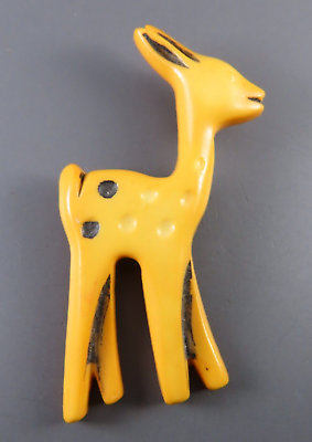 #ad Vintage YELLOW CARVED OR MOLDED PLASTIC DEER Brooch Pin PAINTED BLACK SPOTS $12.80