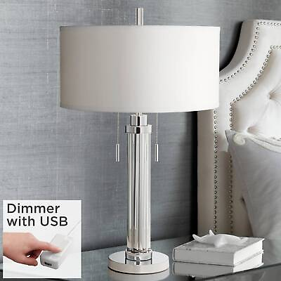 #ad Modern Table Lamp with USB Port Glass Rod White Linen Shade for Living Room $189.98