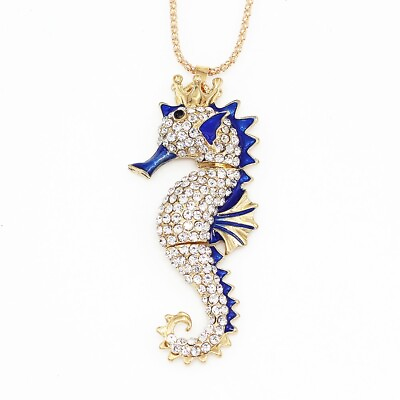 #ad Blue Enamel Rhinestone Crystal Large Crown Sea Horse Pendant Animal Necklace New $6.99