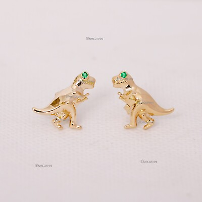 #ad Solitaire Natural Emerald Dinosaur Studs Earrings 14k Solid Gold Dinosaur Studs $505.70