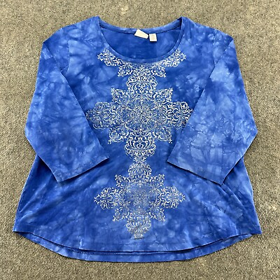 #ad Zenergy Shirt Womens 3 Blue Long Sleeve Tye Dye Rhinestone Tribal Retro Y2K $4.95