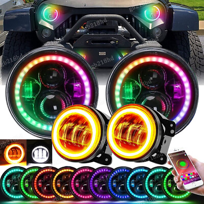#ad RGB 7#x27;#x27; LED Headlights Halo amp; 4#x27;#x27; Fog Lights For Jeep Wrangler JK JKU 2007 2017 $94.88