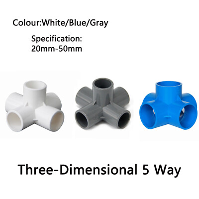 #ad 20mm 50mm PVC Three Dimensional 5 Way Water Supply Pipe Joint White Blue Gray $2.93