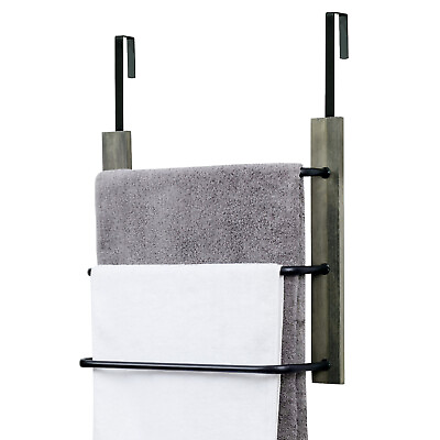 #ad 3 Tier Bathroom Gray Wood amp; Black Metal Towel Rack Drying Towels Storage Hanger $39.99