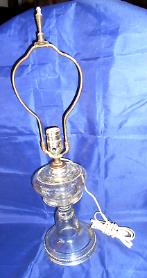 #ad Vtg. Glass Oil Kerosene Lamp Saw Tooth Base Brass Harp Top Converted to Electric $29.95