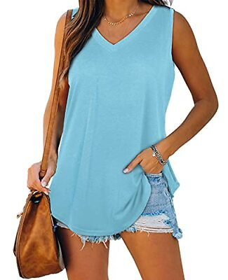 #ad Womens Tank Tops V Neck Basic Solid Color Casual Flowy Small 01 lakeblue $27.18