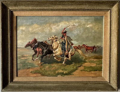 #ad FINE ANTIQUE WILD HORSES LANDSCAPE OIL PAINTING OLD FIGURATIVE HORSE MAN 1950s $1350.00
