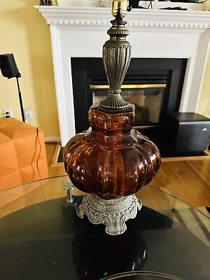 #ad Vintage Mid Century Modern Amber Glass Table Lamp Works $250.00