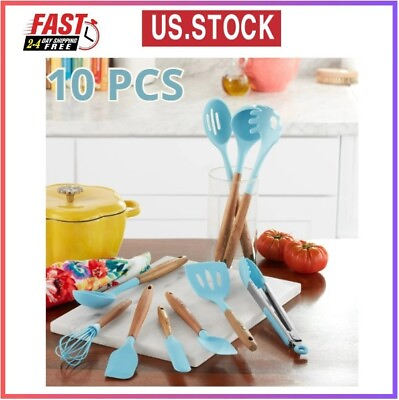 #ad The Pioneer Woman Silicone Kitchen Utensils 10 Piece Set Blue Wood Handle NEW $29.71