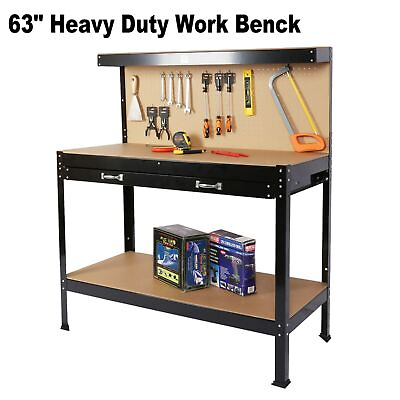 #ad 63quot; Workshop Table Work Bench Garage Steel Tool Storage Drawers Shelves PegBoard $106.39
