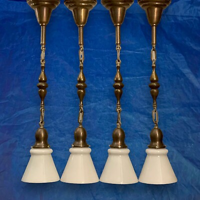 #ad Four Newly Wired Brass Pendant Light Fixtures Milk White Shades 65D $2450.00