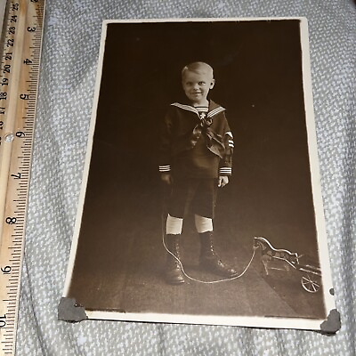 #ad Early Portrait: Young Boy Child In Sailor Military Uniform w Antique Pull Toy $39.20