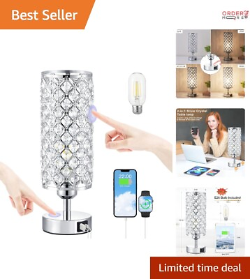 #ad Elegant Crystal Touch Lamp with USB CA Ports Modern 3 Way Dimmable Bedside... $50.97