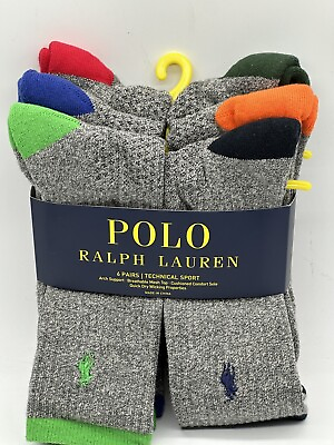 #ad NEW 6 PAIR PACK POLO RALPH LAUREN MENS TECHNICAL SPORT CUSHIONED SOLE CREW SOCKS $21.99