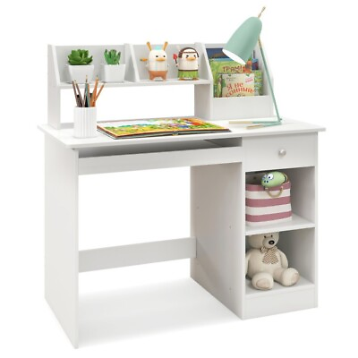 #ad Home Study Desk Children Writing Table Storage Organizer Shelves w Keyboard Tray $138.97