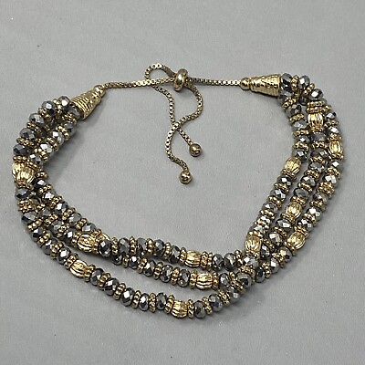 #ad Multi Strand Glass Bead Bracelet Silver Metallic Textured Gold Tone Adjustable $10.00