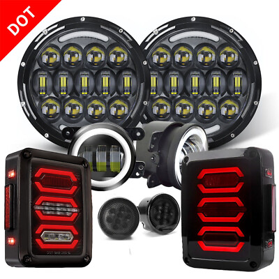 #ad LED Tail Lights 7quot; Halo Headlights Fog Turn Lamps Combo for Jeep Wrangler JK JKU $179.91