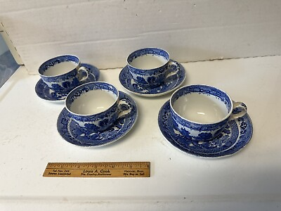 #ad 4 Antique Sets Blue Willow Pattern Cup amp; Saucer Ridgway England Old Backstamp $45.00