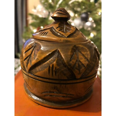 #ad Hand Carved Wood Jar Box with lid 4quot; High $22.95