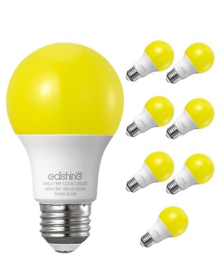 #ad EDISHINE 8 Pack A19 Yellow Bug Light Bulb 600LM 2400K Amber Glow Non Dimmable $14.99