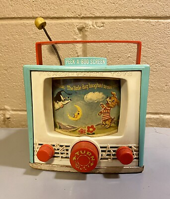 #ad Vintage Fisher Price Double Screen Color TV Music Box Toy Peek A Boo Screen 1964 $11.99