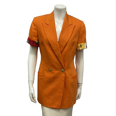 #ad Versace Sport Orange Double Breast Linen Harlequin Flip Cuff Blazer Jacket Sz 40 $102.03