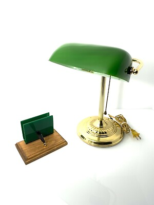 #ad Vintage Bankers Brass Desk Lamp With Green Glass Shade $40.00