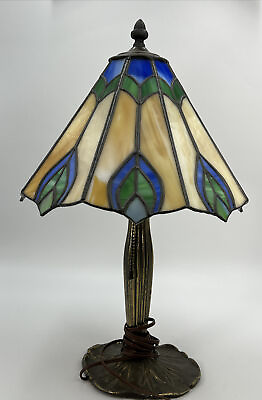 #ad Vintage 18quot; Leviton Tiffany Style Stained Glass Table Lamp Yellow Blue Green $135.99