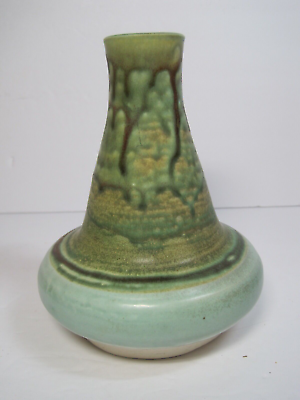 #ad Vintage Green Drip Glaze Vase Hand Made Heavy Stamped On The Back 6quot; Tall $18.90