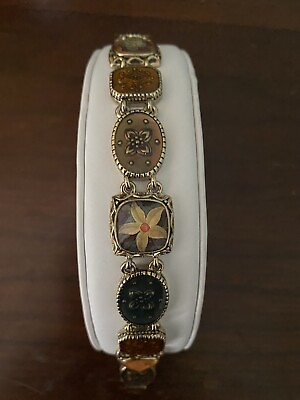 #ad Vintage Liz Claiborne Gold Tone amp; Enamel Floral Panel Link Bracelet $35.99