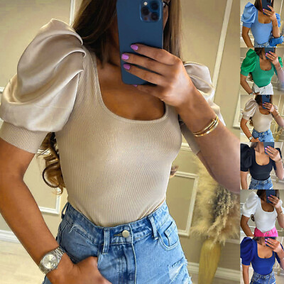 #ad Women Puff Short Sleeve T Shirt Tops Ladies Slim Fit OL Work Summer Party Blouse $15.39