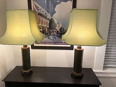 #ad Rare 34quot; Tall Matching Pair Brass India Lamps W Original Shades Green Work $149.00