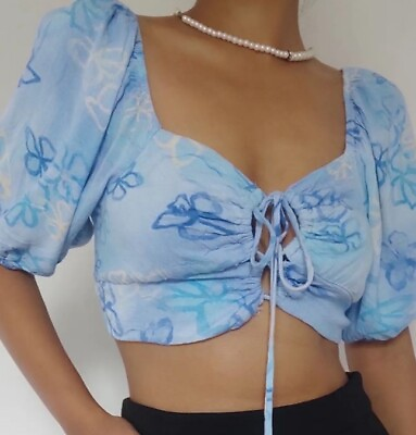 #ad Wild Fable Blue Floral Puff Sleeve Crop Top Size XL $9.97