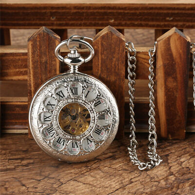 #ad Vintage Hollow Out Men Women Hand winding Mechanical Pocket Watch Pendant Chain $15.97