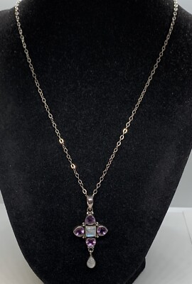 #ad VTG Sterling Silver Moonstone amp; Purple Gemstone Drop Pendant Necklace 25quot; Signed $54.59
