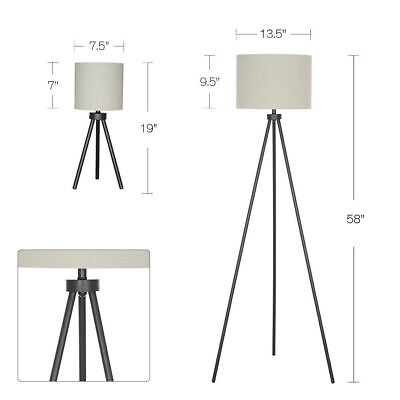 #ad Modern Tripod Tableamp;Floor Lamp Set Black Floor Lampamp;Table Lamp Gray Linen Fabric $69.57