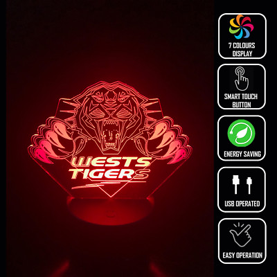 #ad WEST TIGERS FOOTBALL 3D Acrylic LED 7 Colour Night Light Touch Table Lamp AU $35.00
