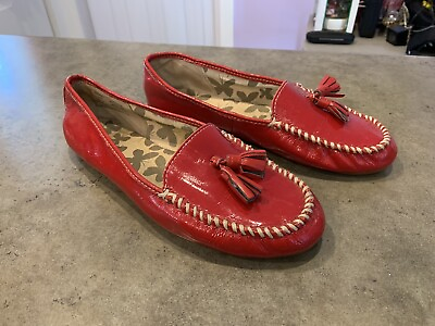 #ad Lands End Womens Loafer Moccasin Red Patent Leather Tassles Sz 10W $14.90