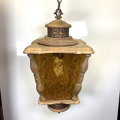 #ad Vtg Hanging Swag Lamp Wood amp; Amber Glass Globe Light Fixture w Long Chain amp; Cord $125.00