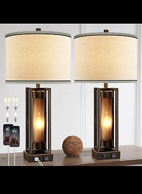 #ad RORIANO Rustic Metal Table Lamps for Living Room Set of 2 2 USB Port Farmhouse $99.97