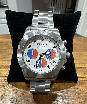 #ad Mens Meridian Chronograph Stainless Watch w Date 30M Water Resistant NEW BATTERY $68.95