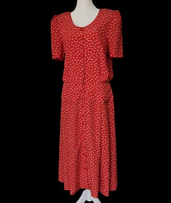 #ad Vtg 70s Leslie Fay Button Down Dress Red Medium Large Union Made USA $34.00